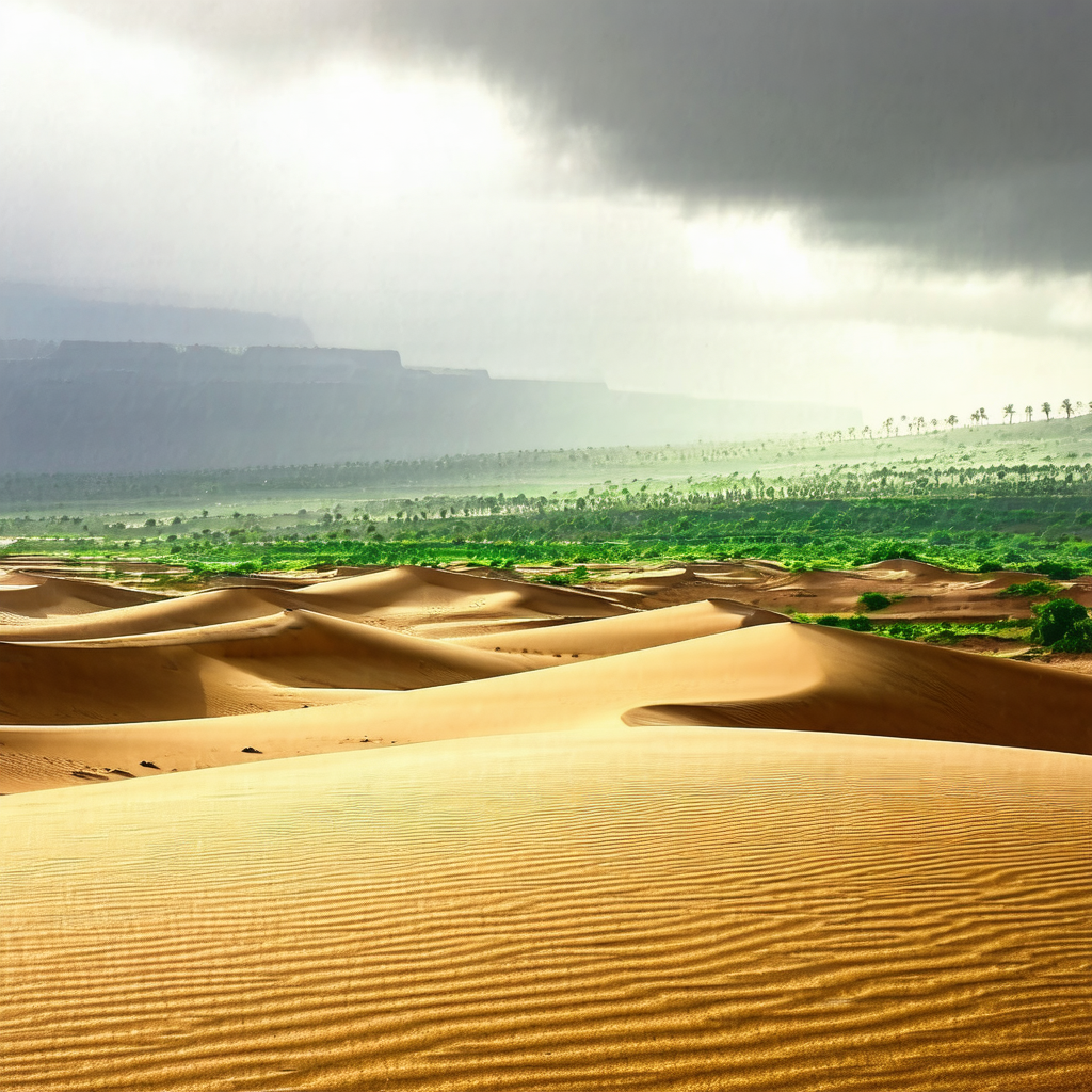 Sandy desert landscape with a mountain range in the backg...