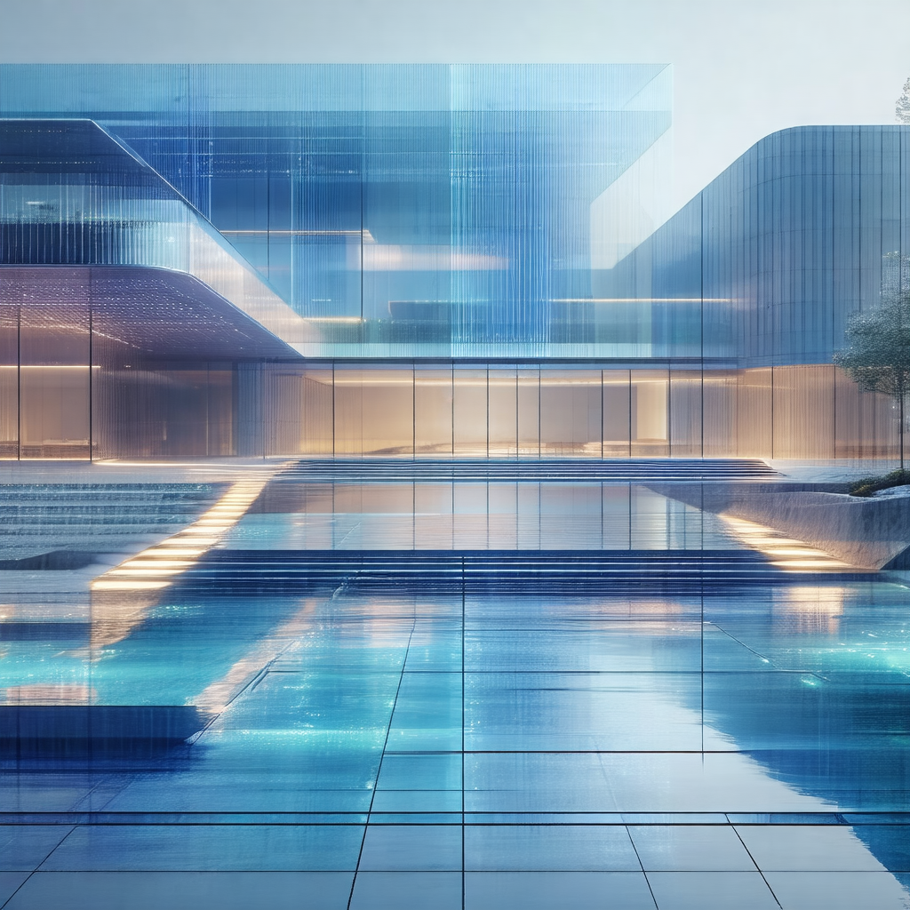 Large, modern building with a reflective pool in front of it