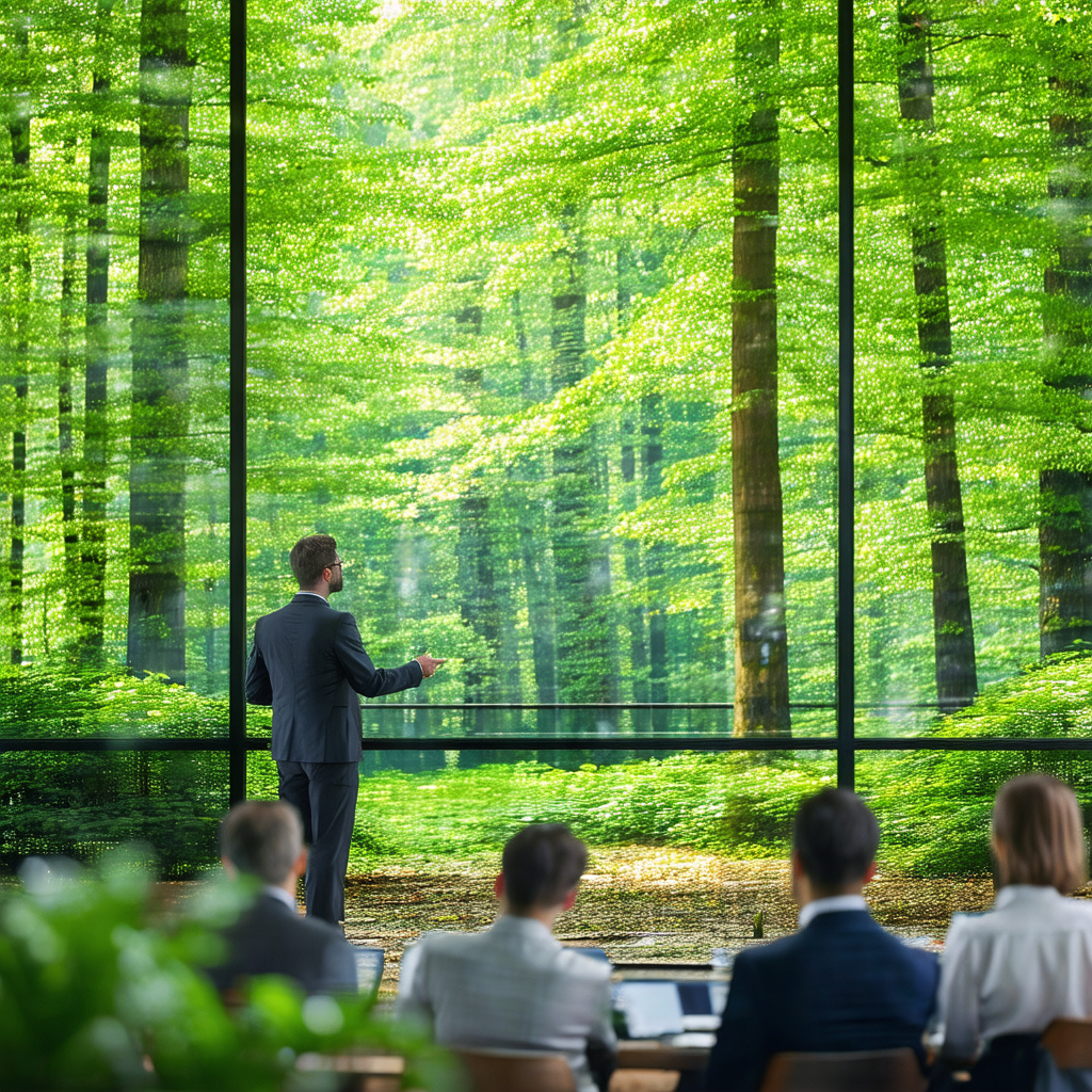 Group of people sitting in a conference room, looking out...