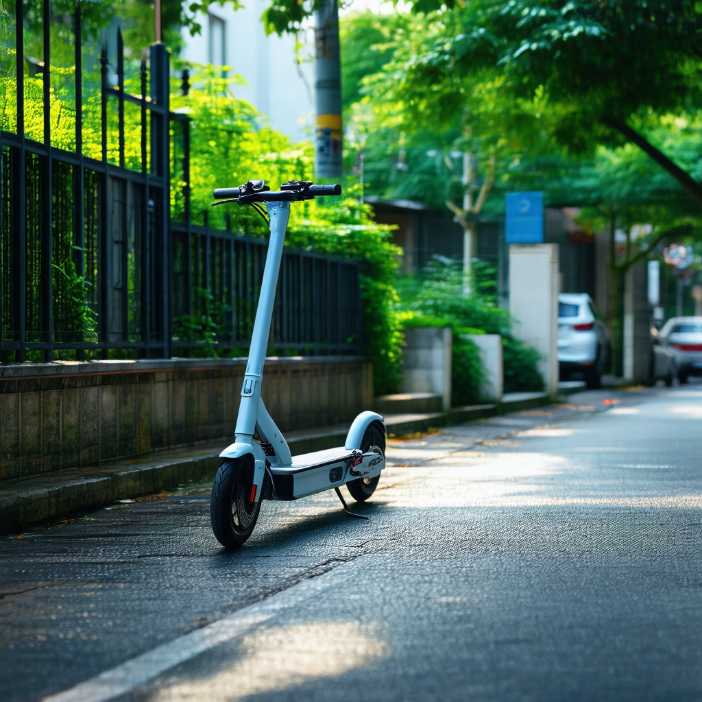 Small, two-wheeled scooter parked on the side of a street