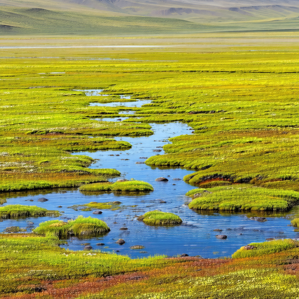 Large, lush green field with a small stream running throu...