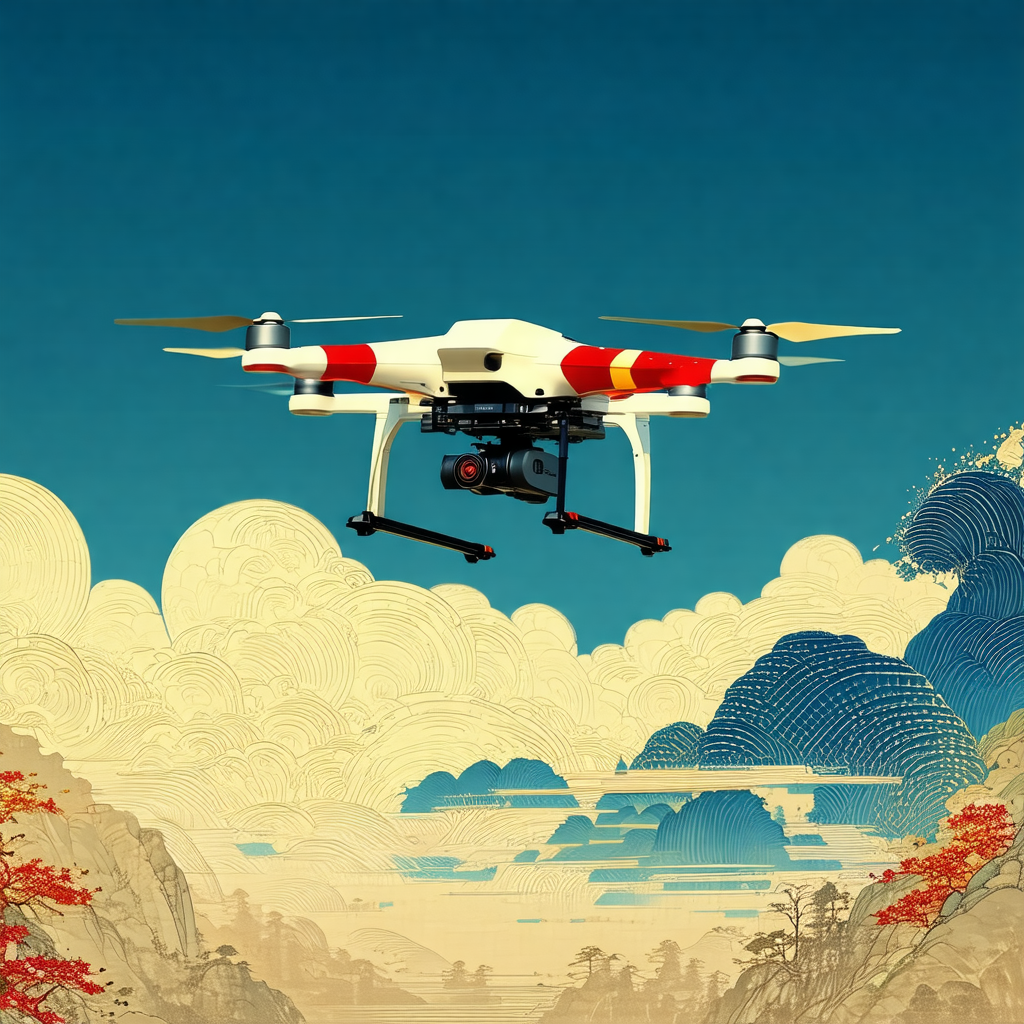 Large, colorful drone flying high in the sky