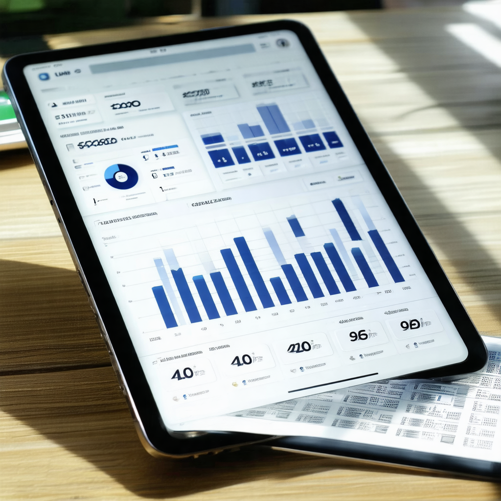 Tablet computer with a screen displaying various graphs a...