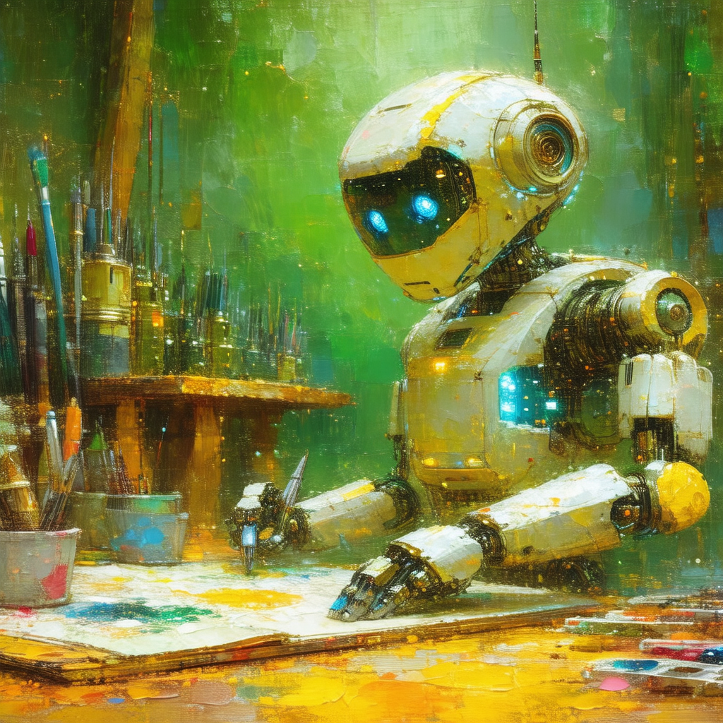 Futuristic robot sitting at a desk, working on a painting