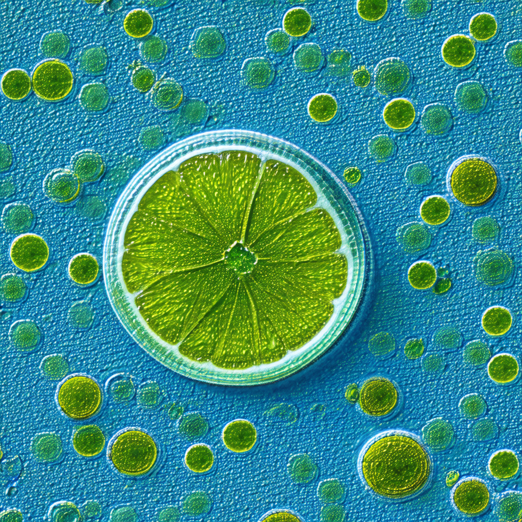 Close-up of a lime wedge, which is placed on a blue surface