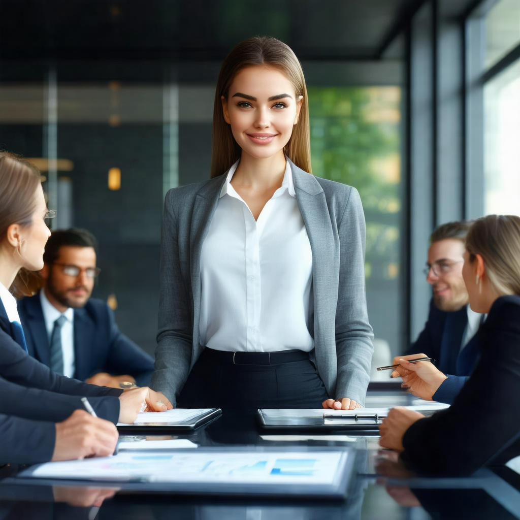 Woman in a business suit standing in front of a group of ...