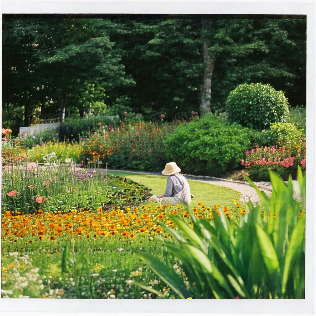 Woman sitting on the grass in a garden, surrounded by a v...