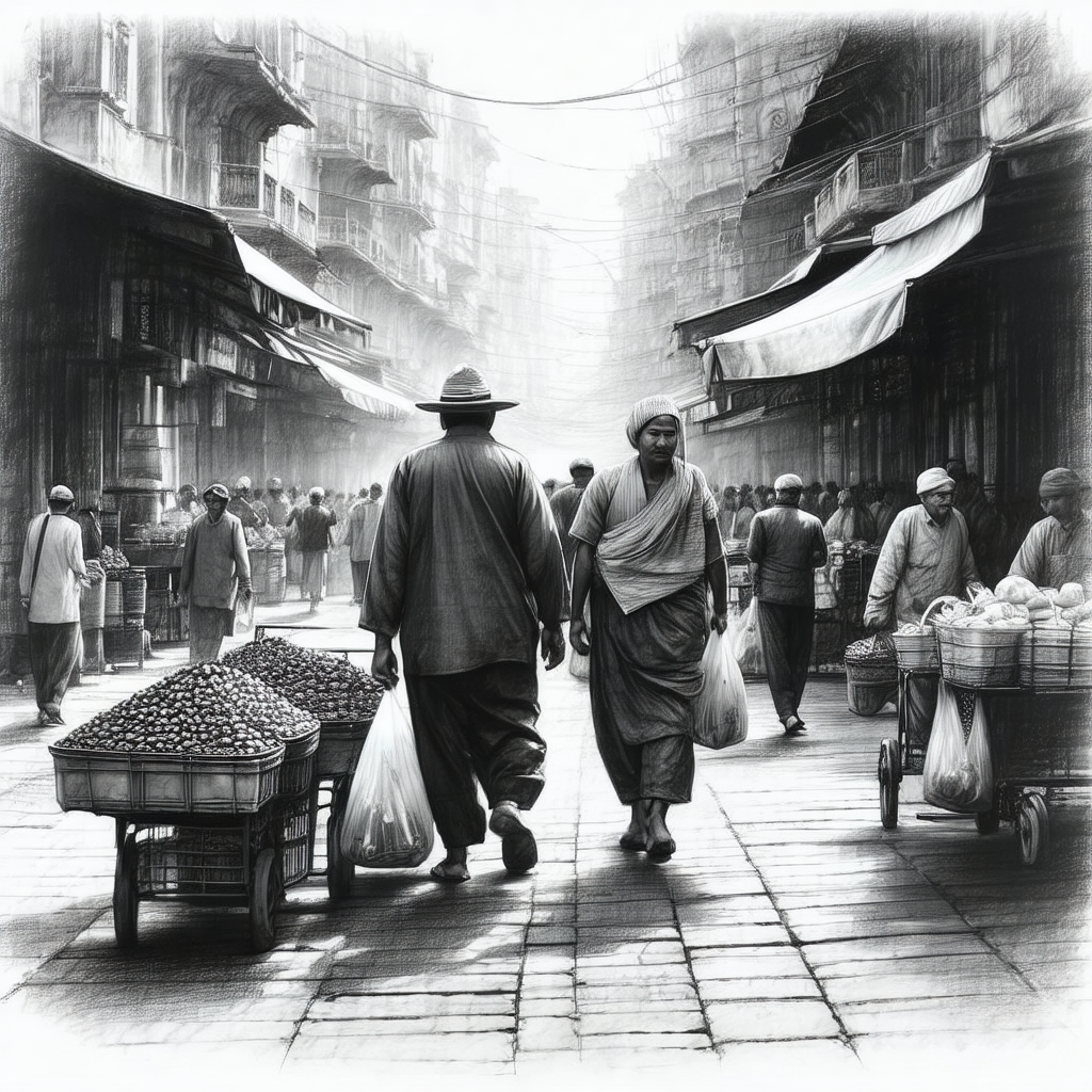 Black and white photograph of a busy street in a foreign ...