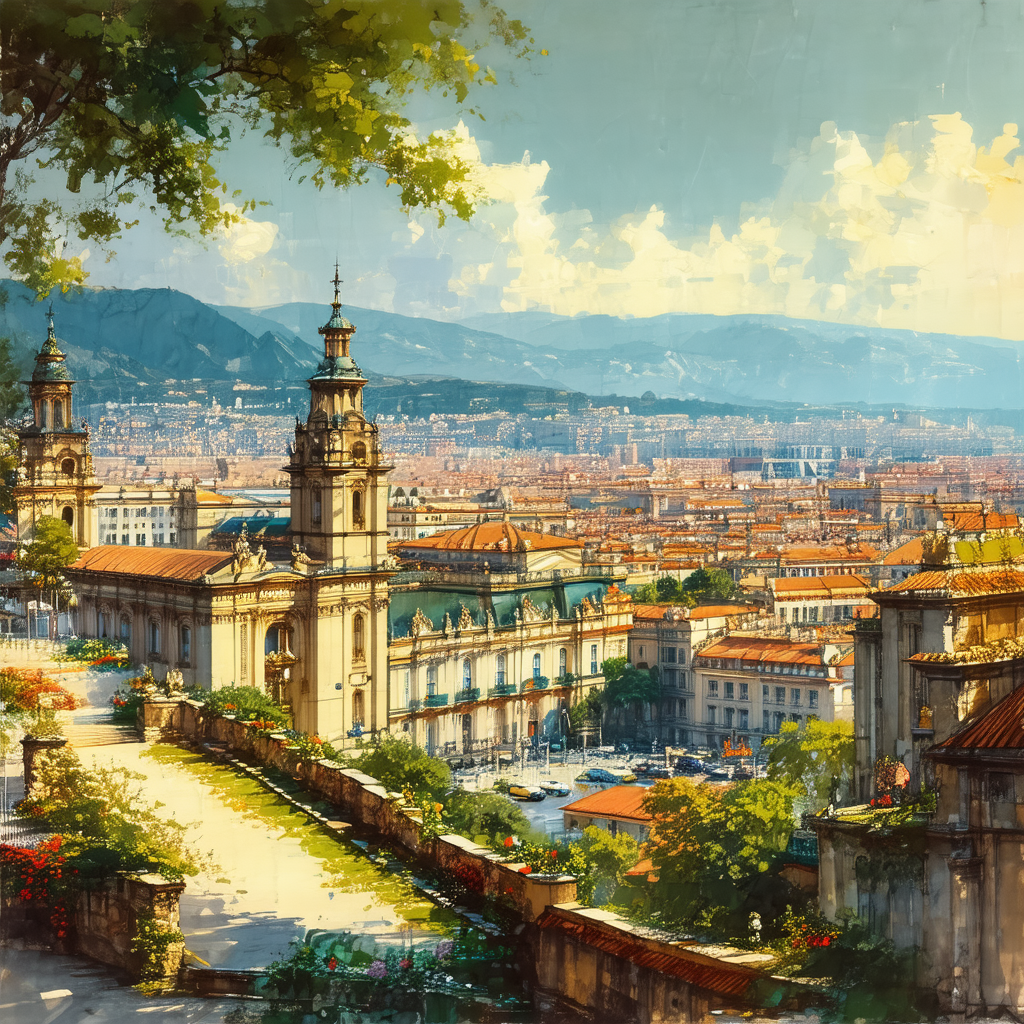Painting of a cityscape with a large building in the fore...