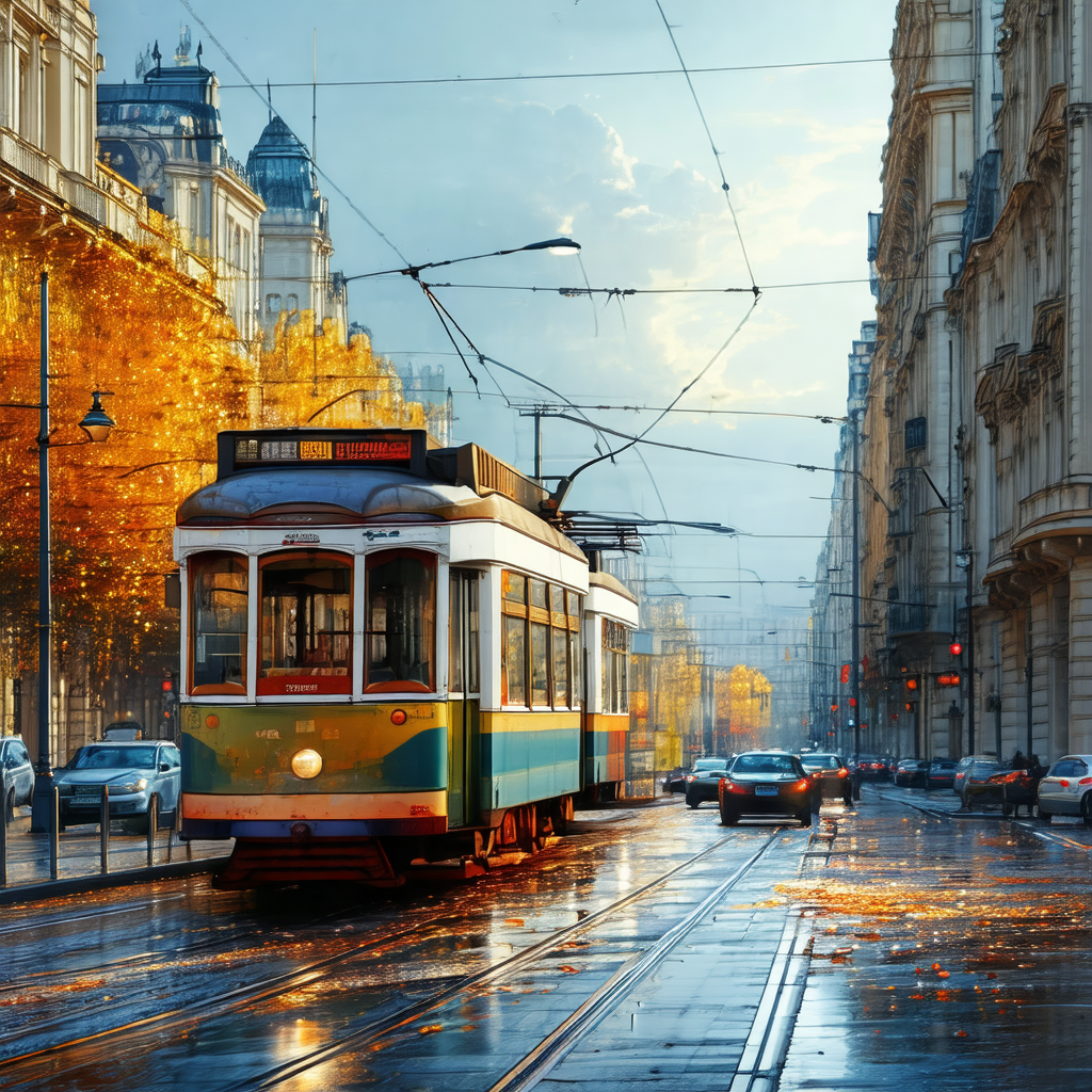 Painting of a city street with a yellow and green trolley...