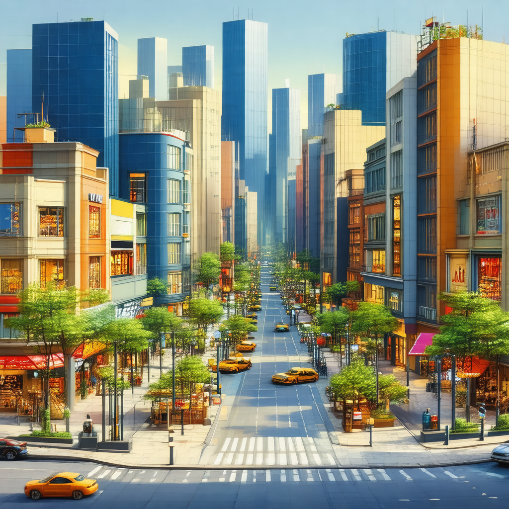 Colorful, computer-generated (cgi) depiction of a busy ci...