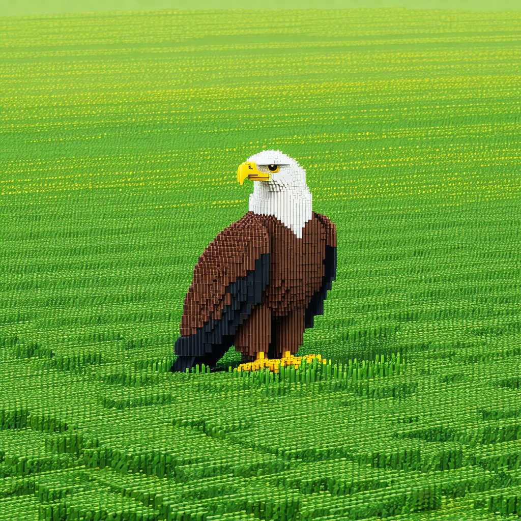Large eagle, made of lego bricks, sitting in a grassy field