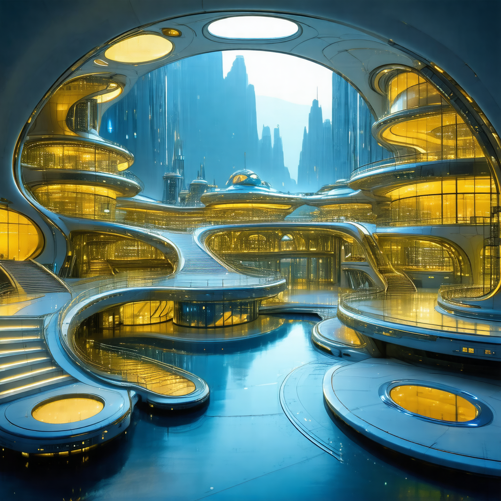 Futuristic cityscape with a large, curved building that r...
