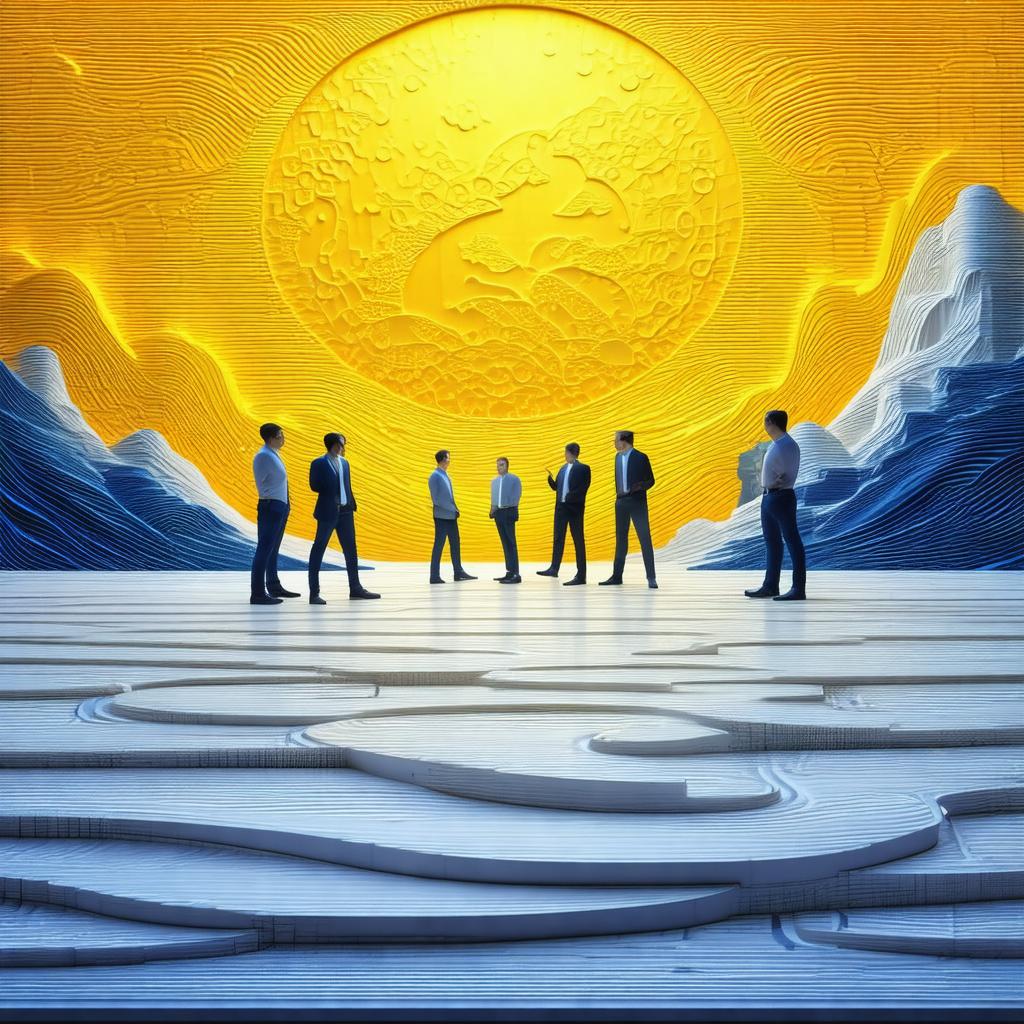 Group of five men standing together in a large, open area