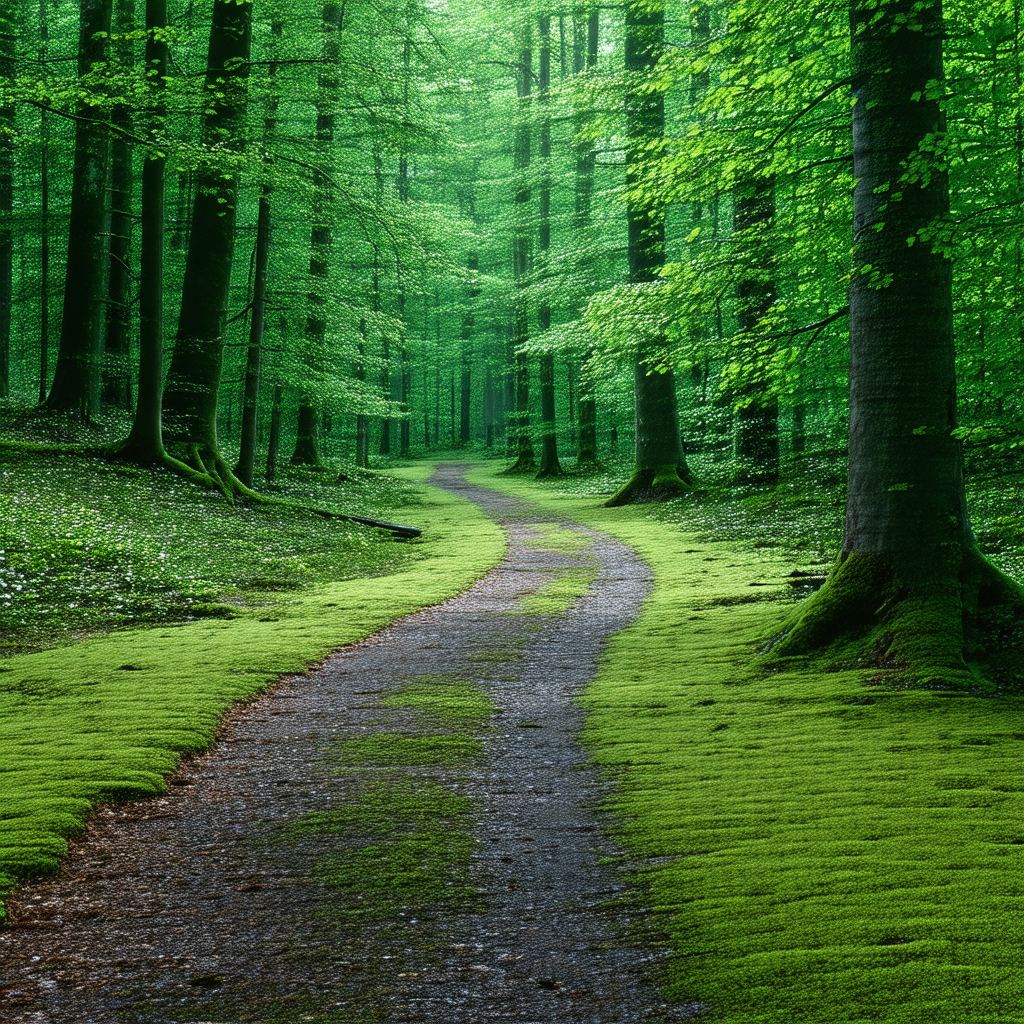 Lush green forest with a dirt road running through it