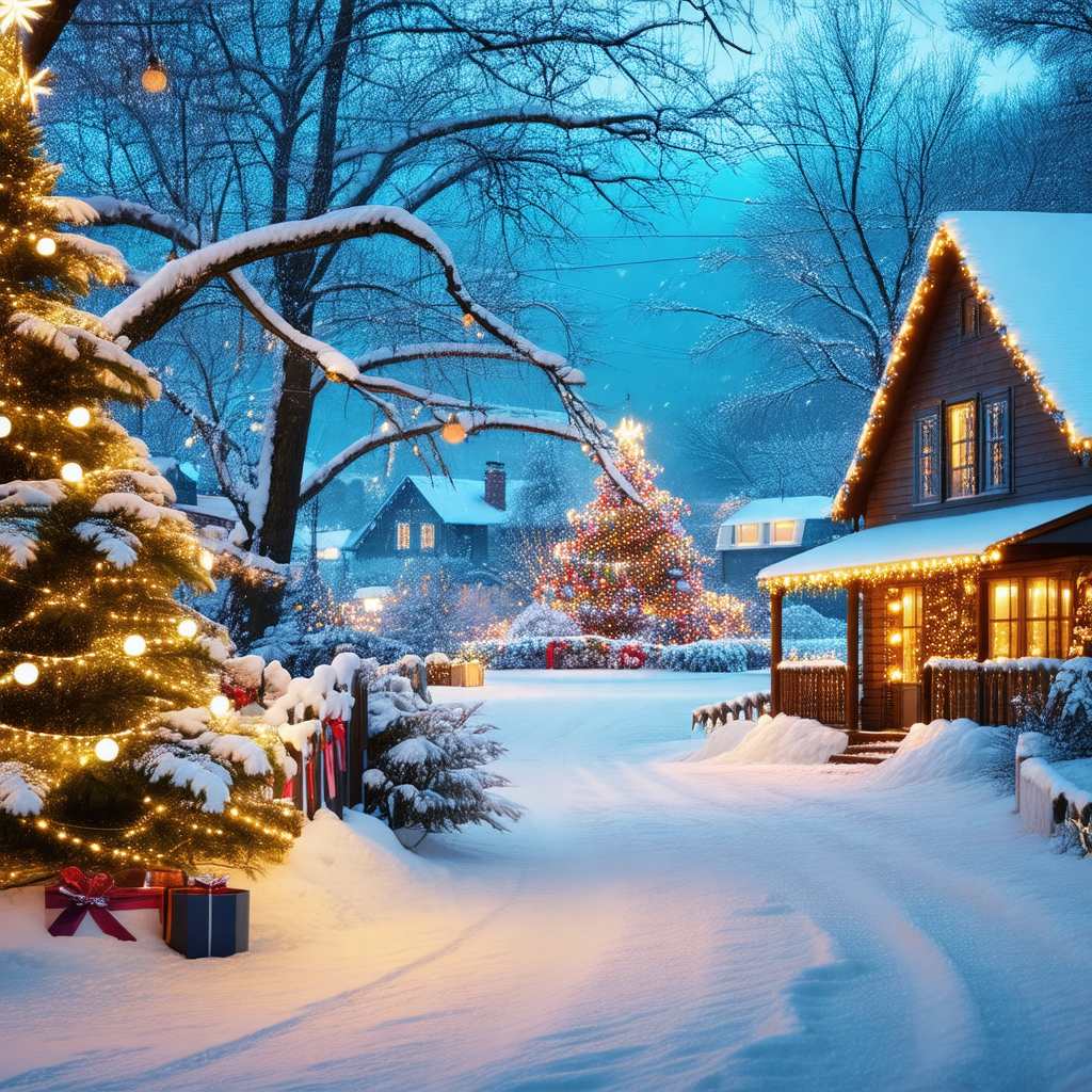 Snowy street with a beautifully decorated christmas tree ...