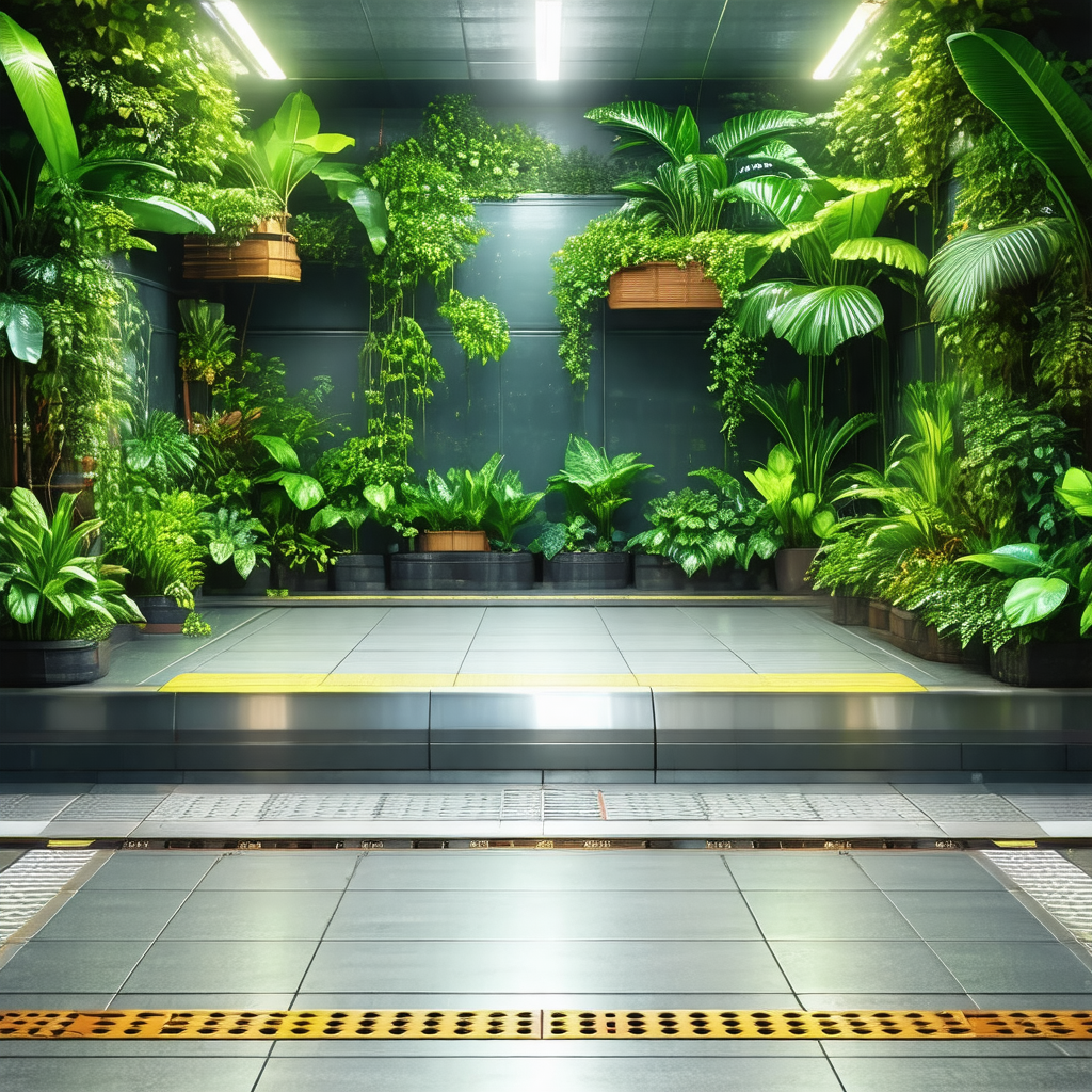 Train station with a large number of potted plants lining...
