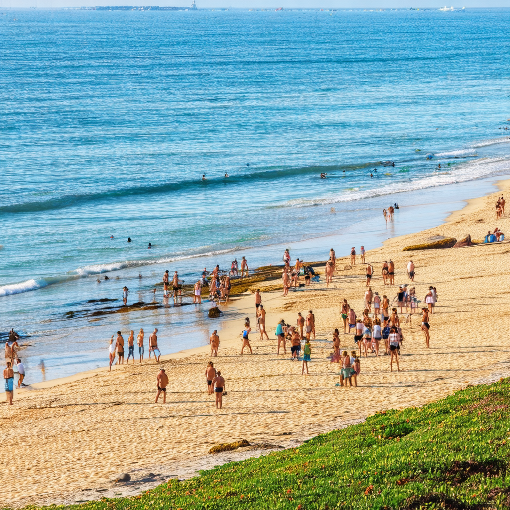 Lively beach scene with a large crowd of people enjoying ...