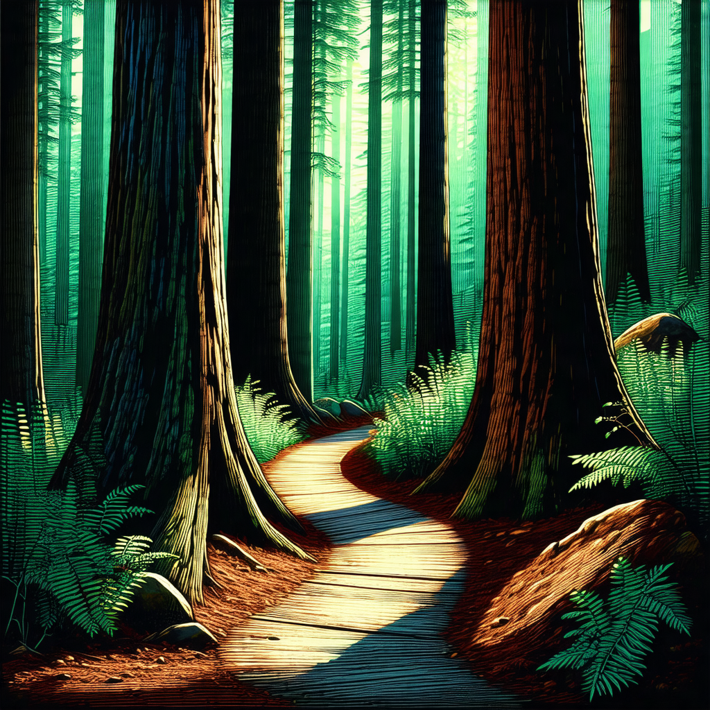 Serene forest scene with a dirt path leading through the ...