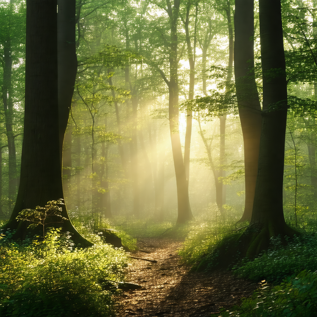 Serene forest scene with a pathway leading through the woods