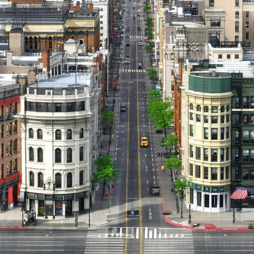 Bird's eye view of a city street with tall buildings on b...
