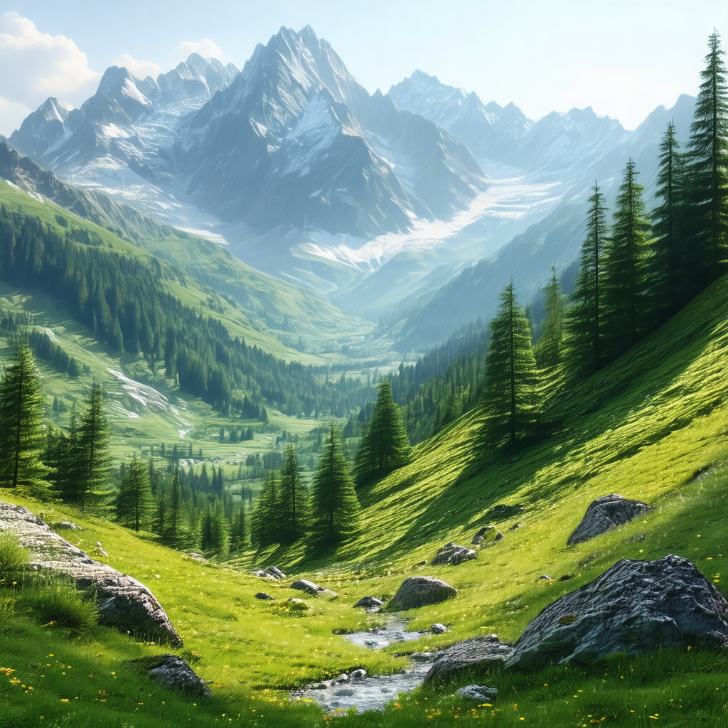 Lush green valley with a small stream flowing through it