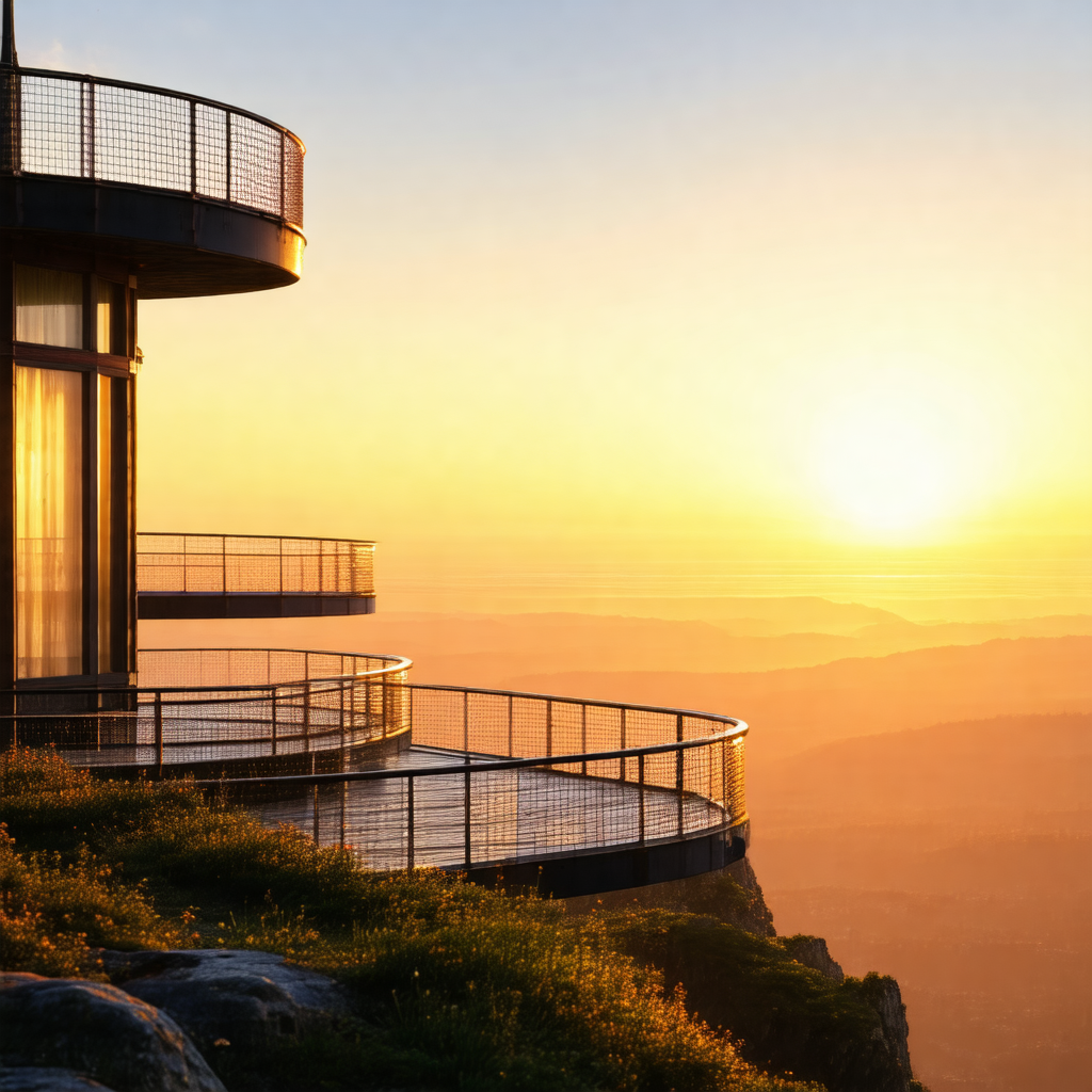 Large glass structure with a circular balcony, overlookin...