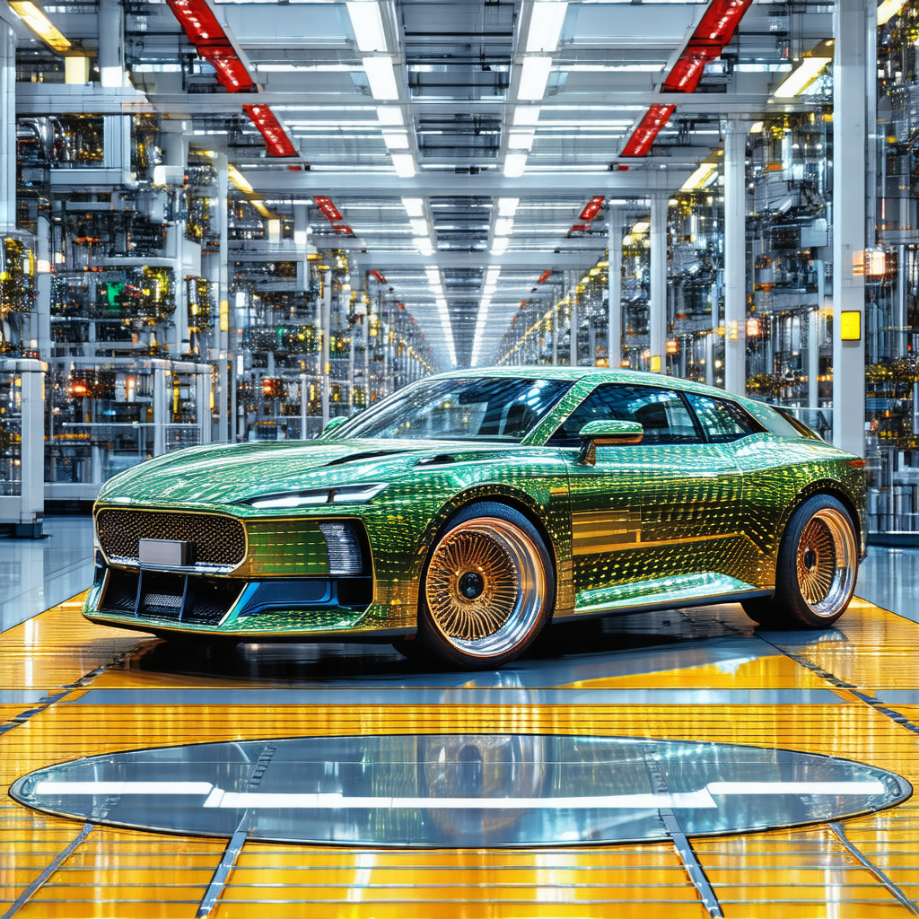 Green sports car parked in a factory setting