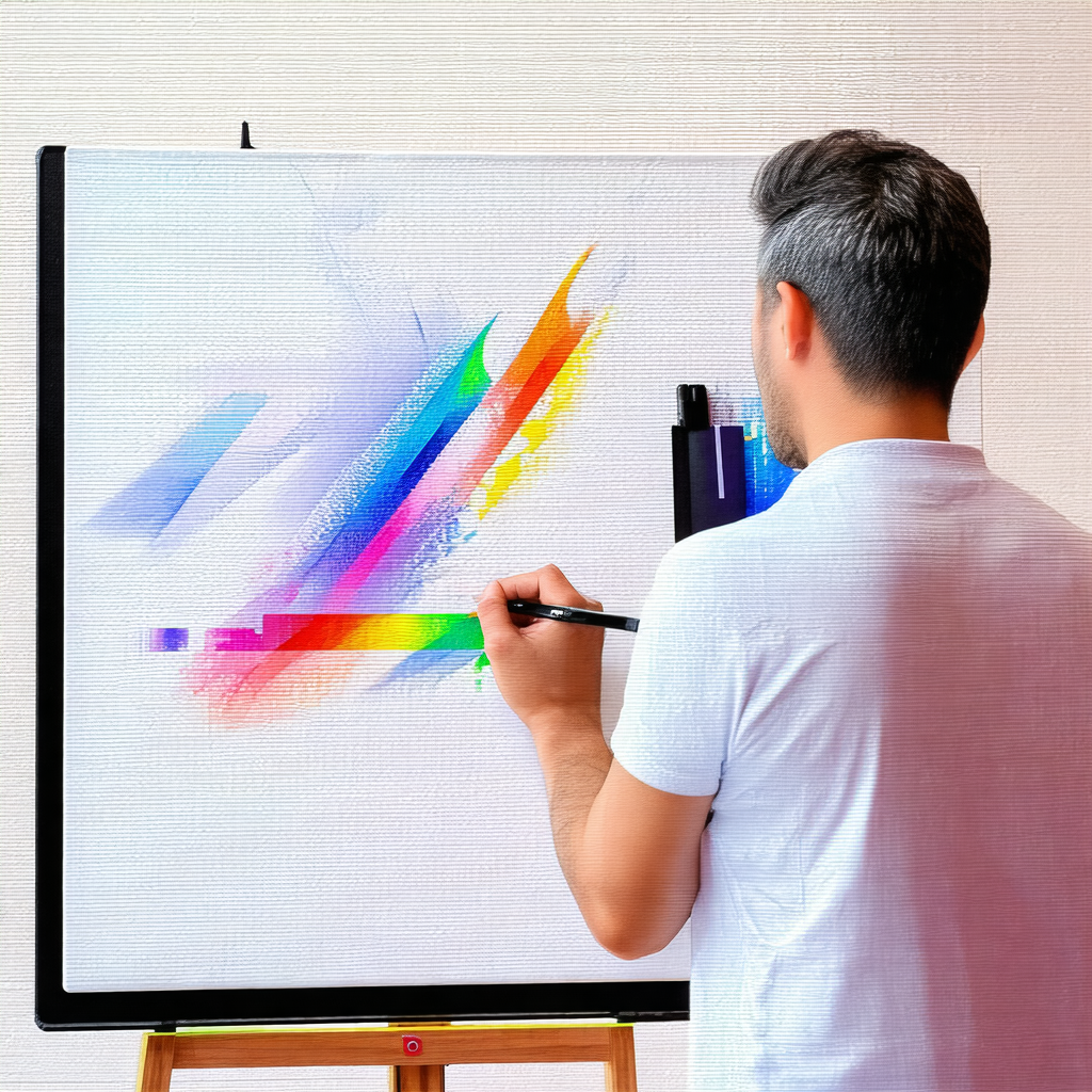Man standing in front of a painting, holding a brush and ...
