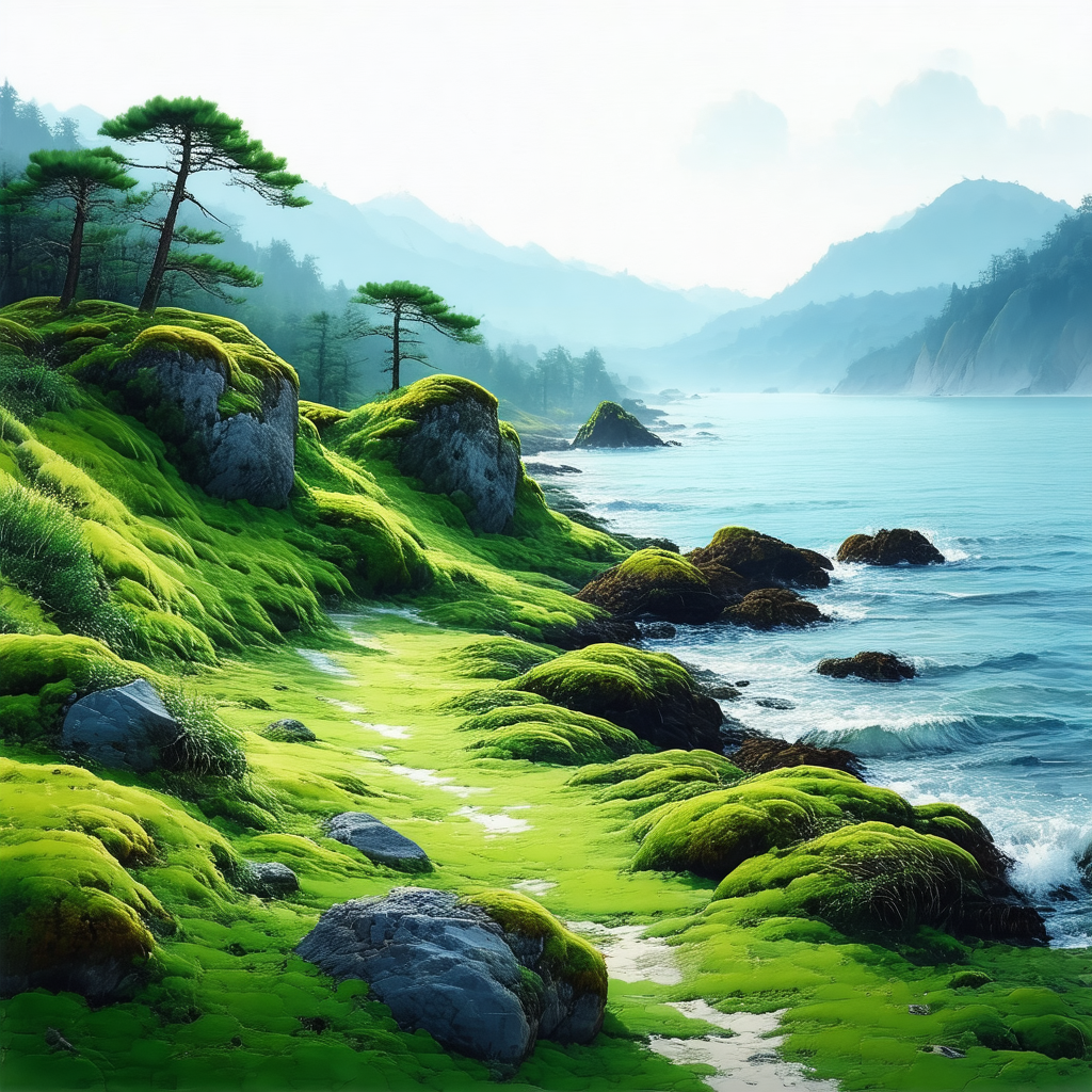 Beautiful coastal scene with a lush green hillside overlo...
