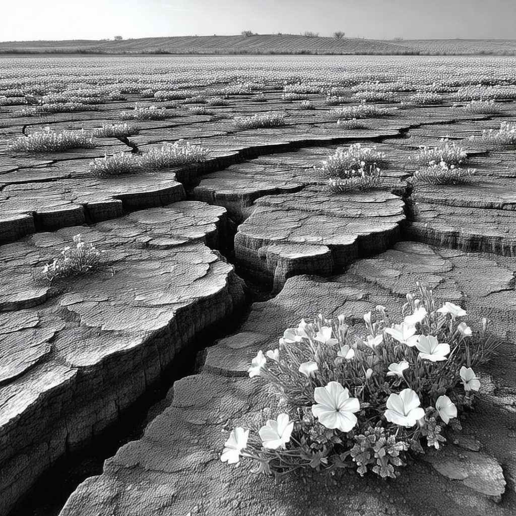 Beautiful white flower growing out of a crack in the ground