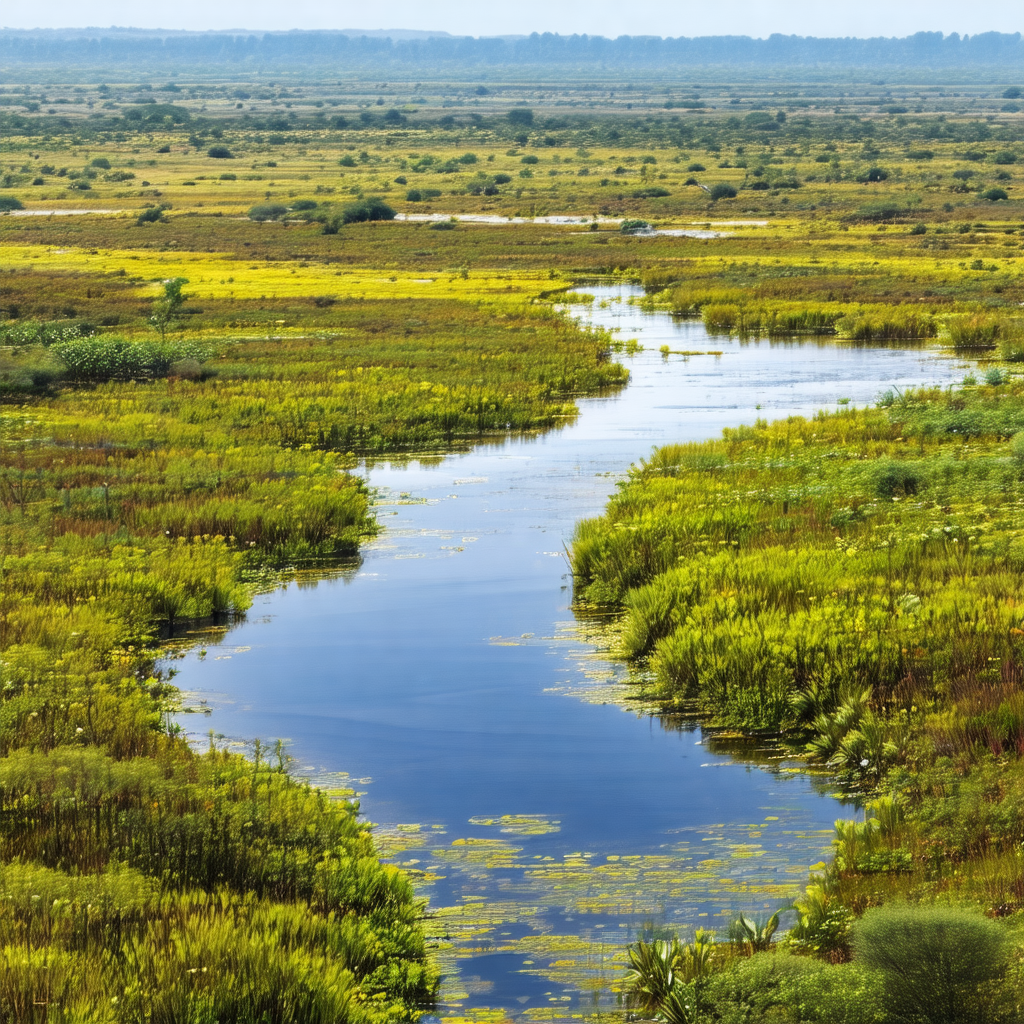 Serene scene of a river flowing through a lush green field