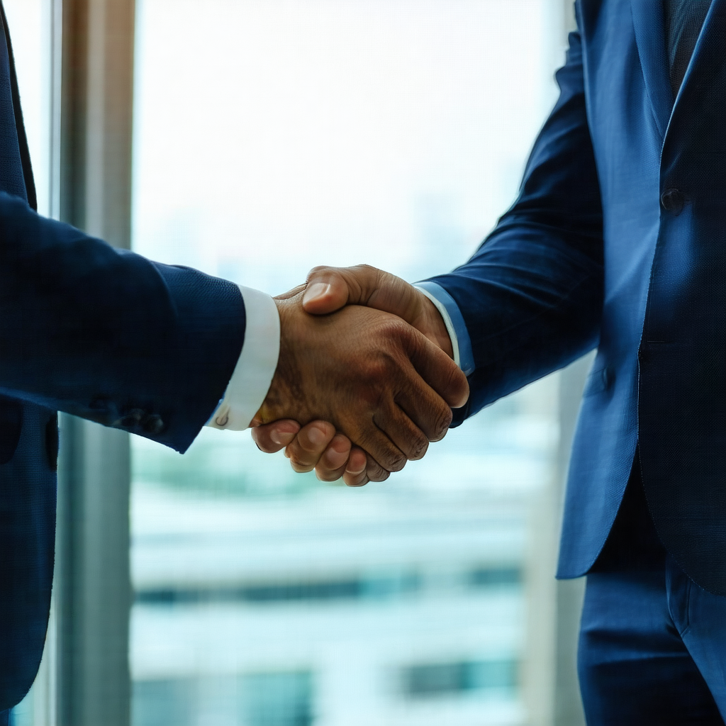 Two men in suits shaking hands in a professional setting