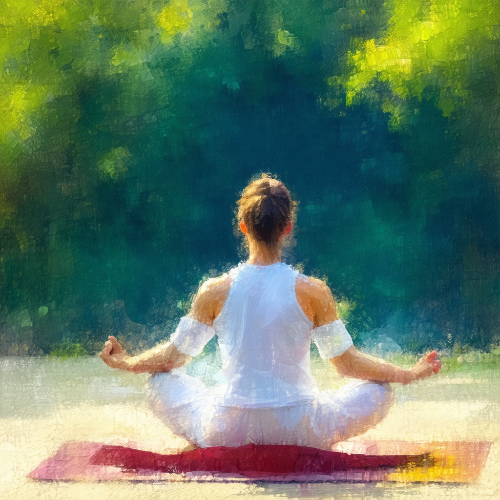 Woman sitting on a red yoga mat, practicing mindfulness a...