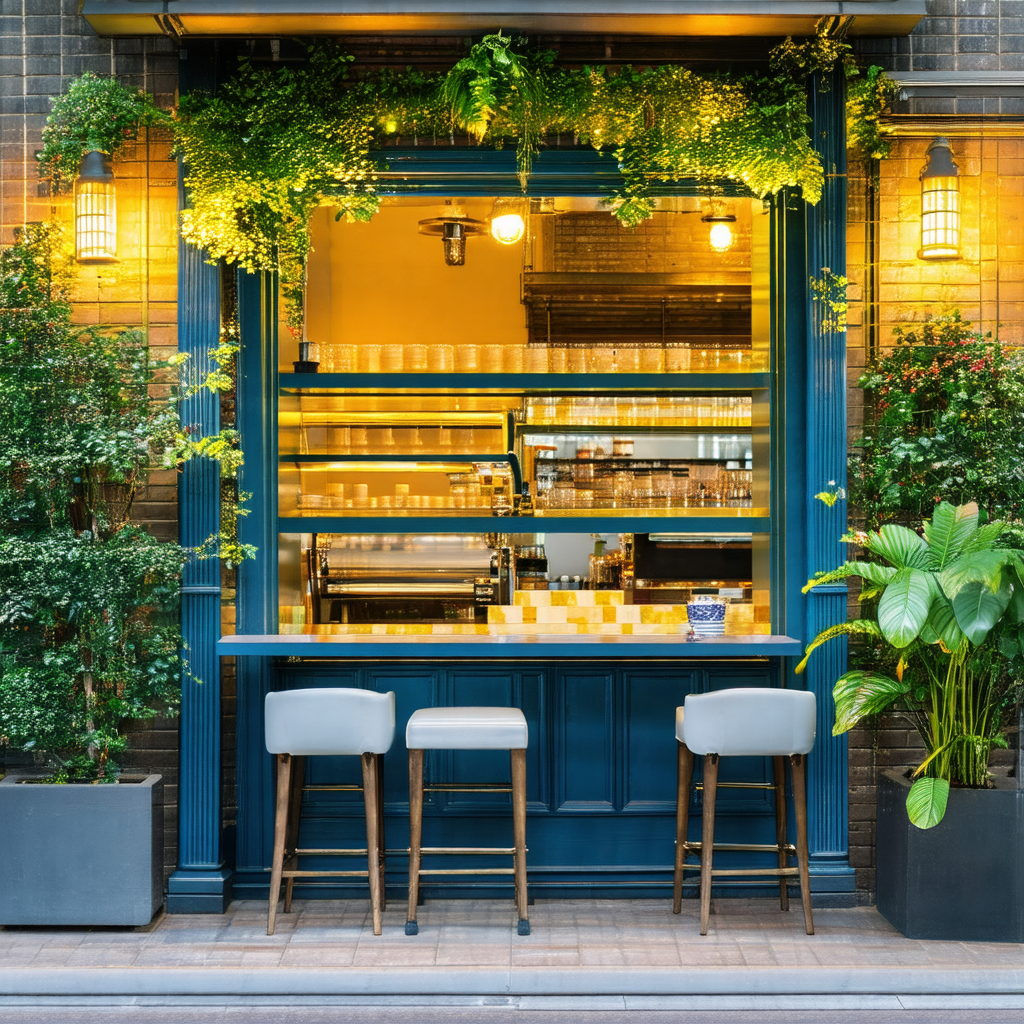 Restaurant with a blue door and a window that allows cust...