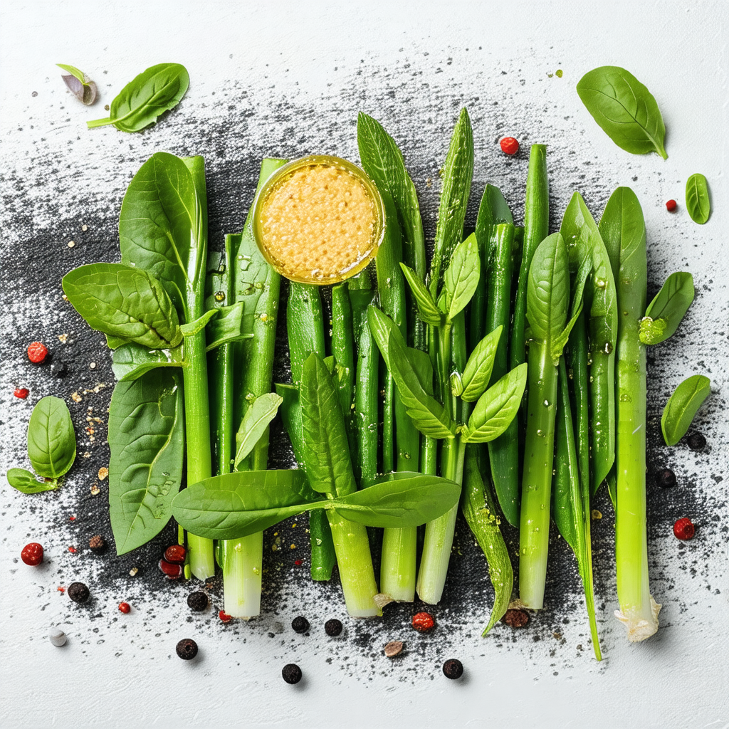Close-up of a plate filled with a variety of green vegeta...