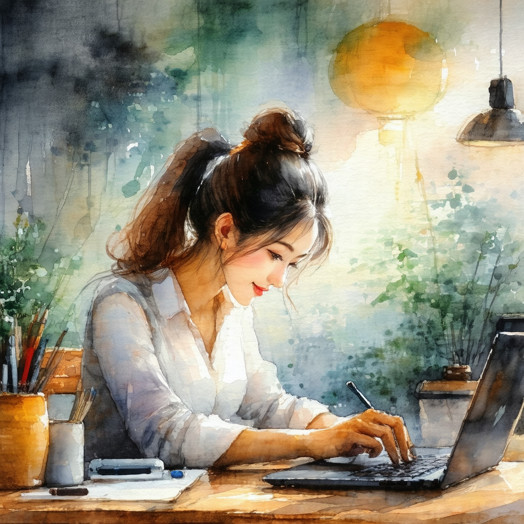 Woman sitting at a desk, working on a laptop computer
