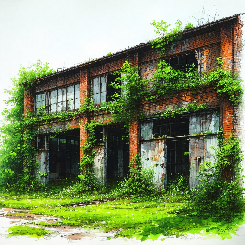 Painting of a large, old brick building with ivy growing ...