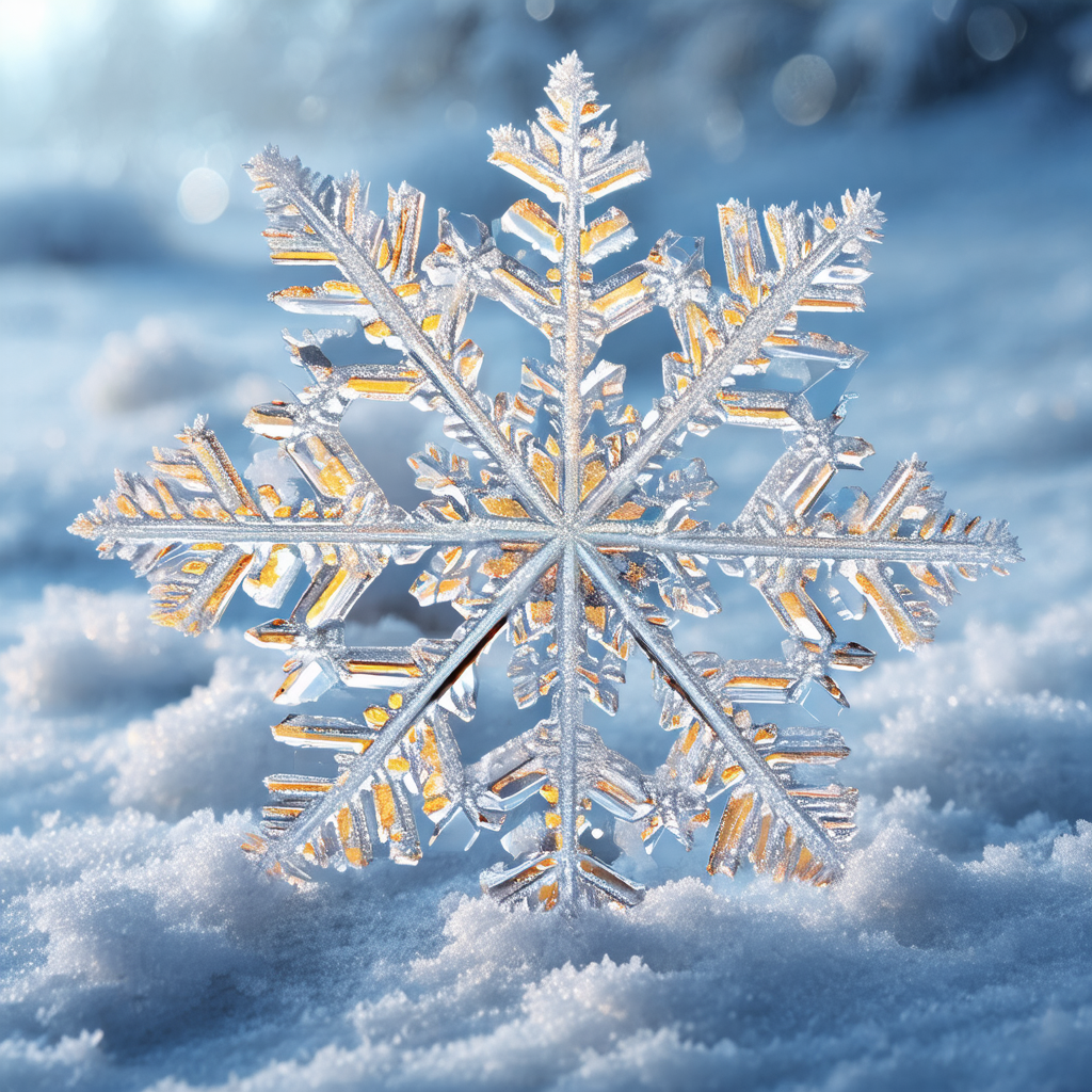 Beautiful snowflake made of glass, sitting in a snowy field