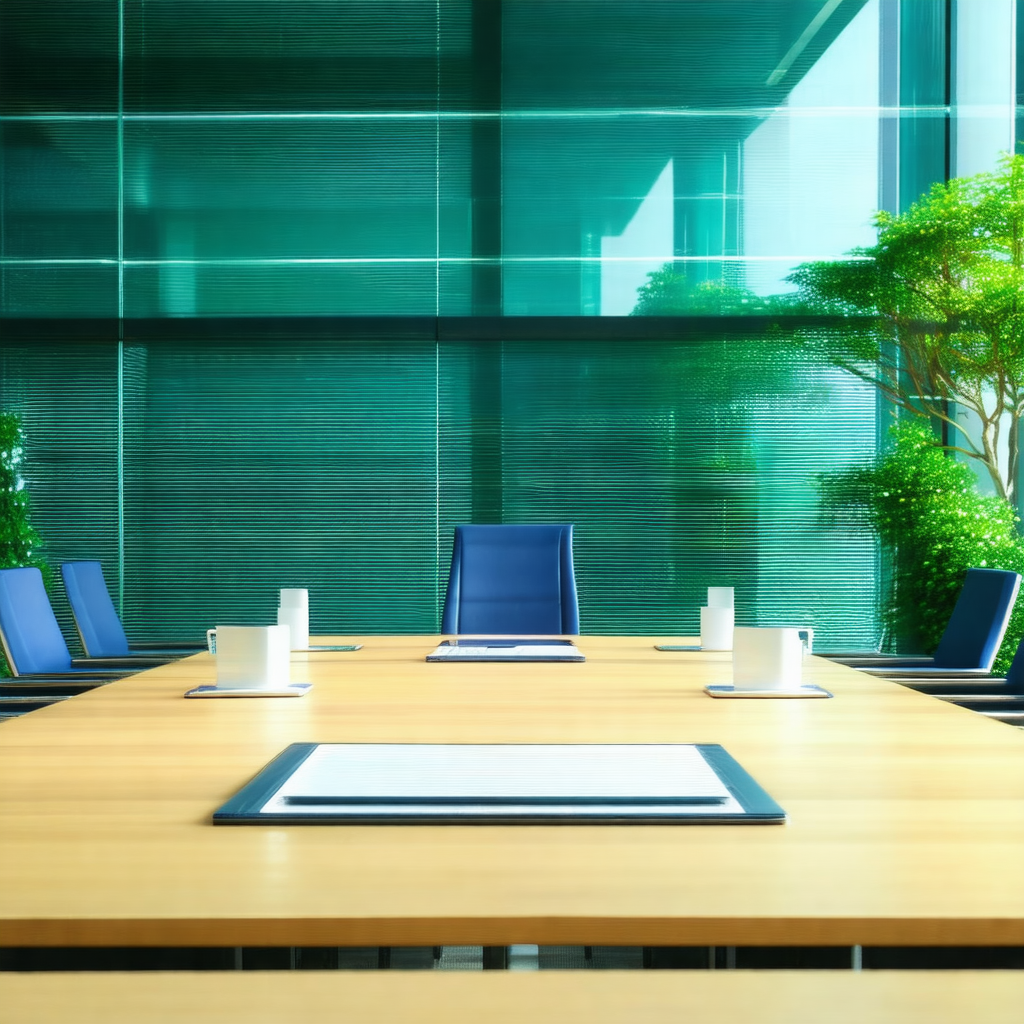 Large conference room with a long wooden table in the center