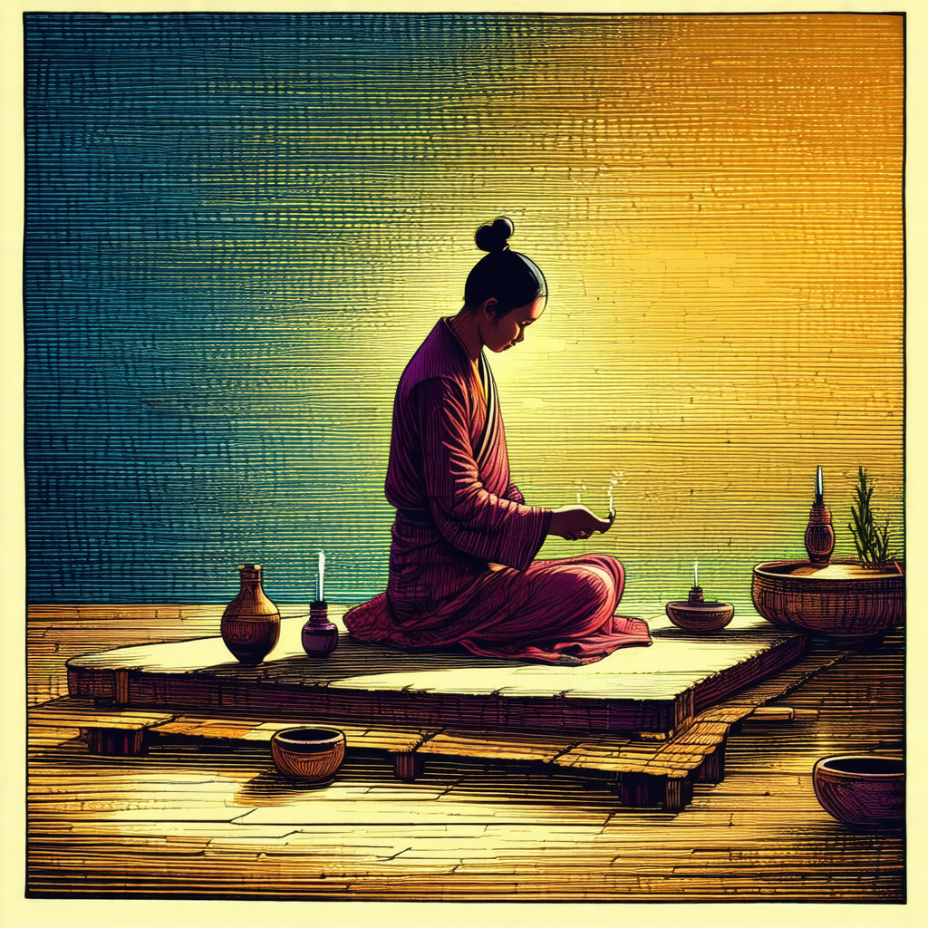 Woman sitting on the floor in a room, possibly a temple