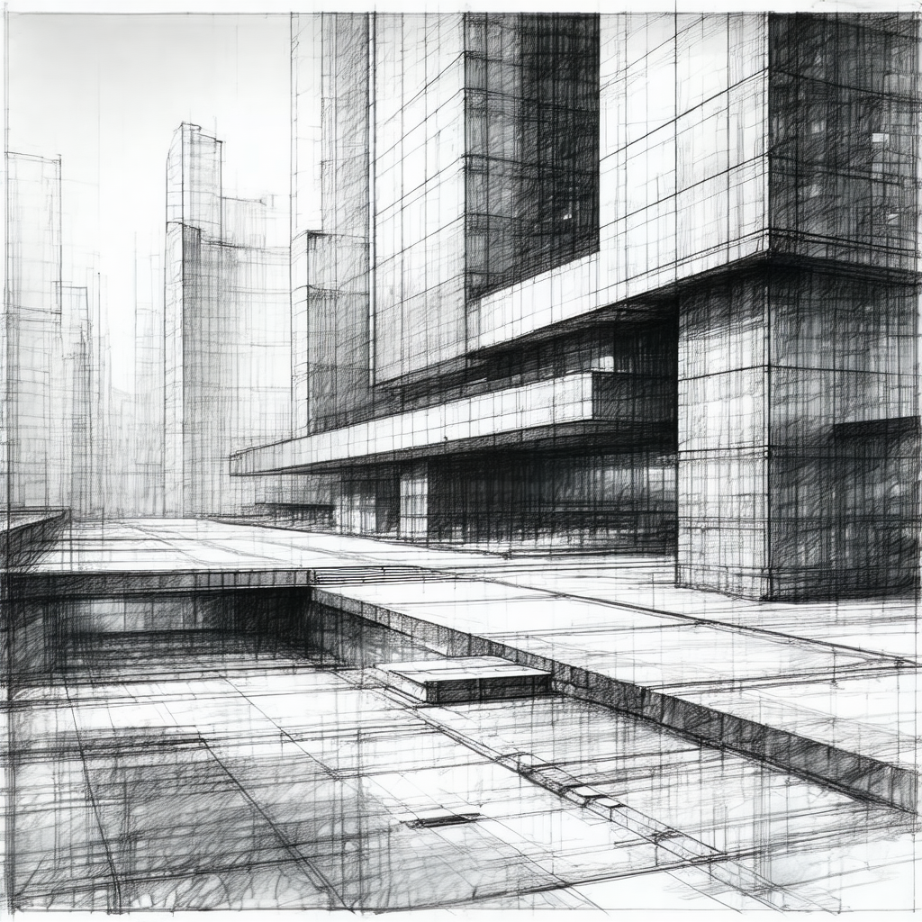 Black and white drawing of a cityscape