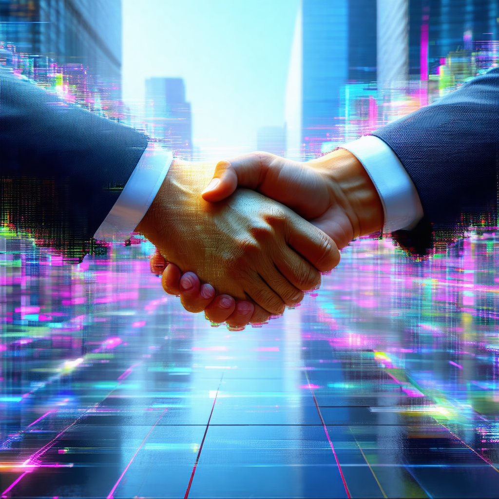 Two men shaking hands in a city setting