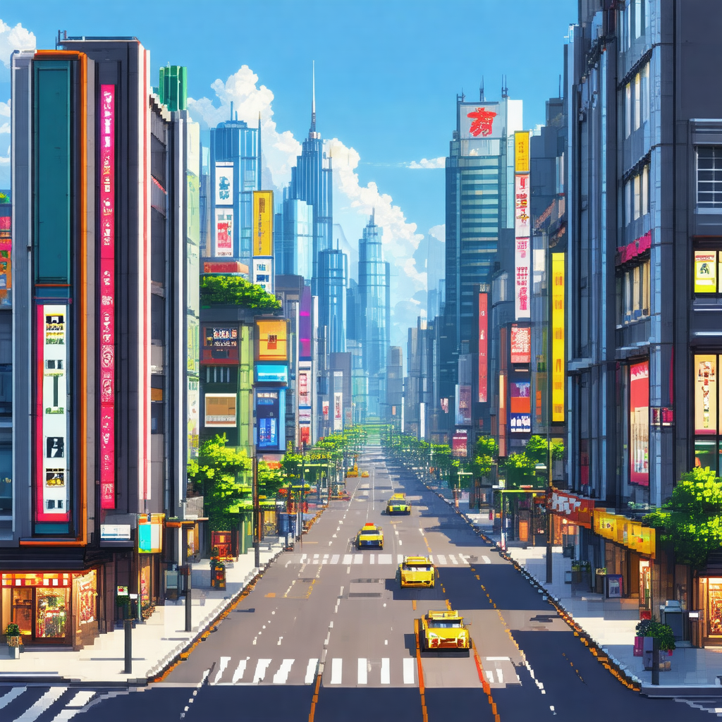 Cartoon-like drawing of a busy city street