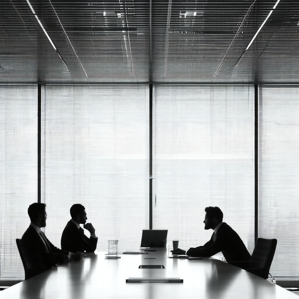 Group of three men sitting around a conference table, eng...