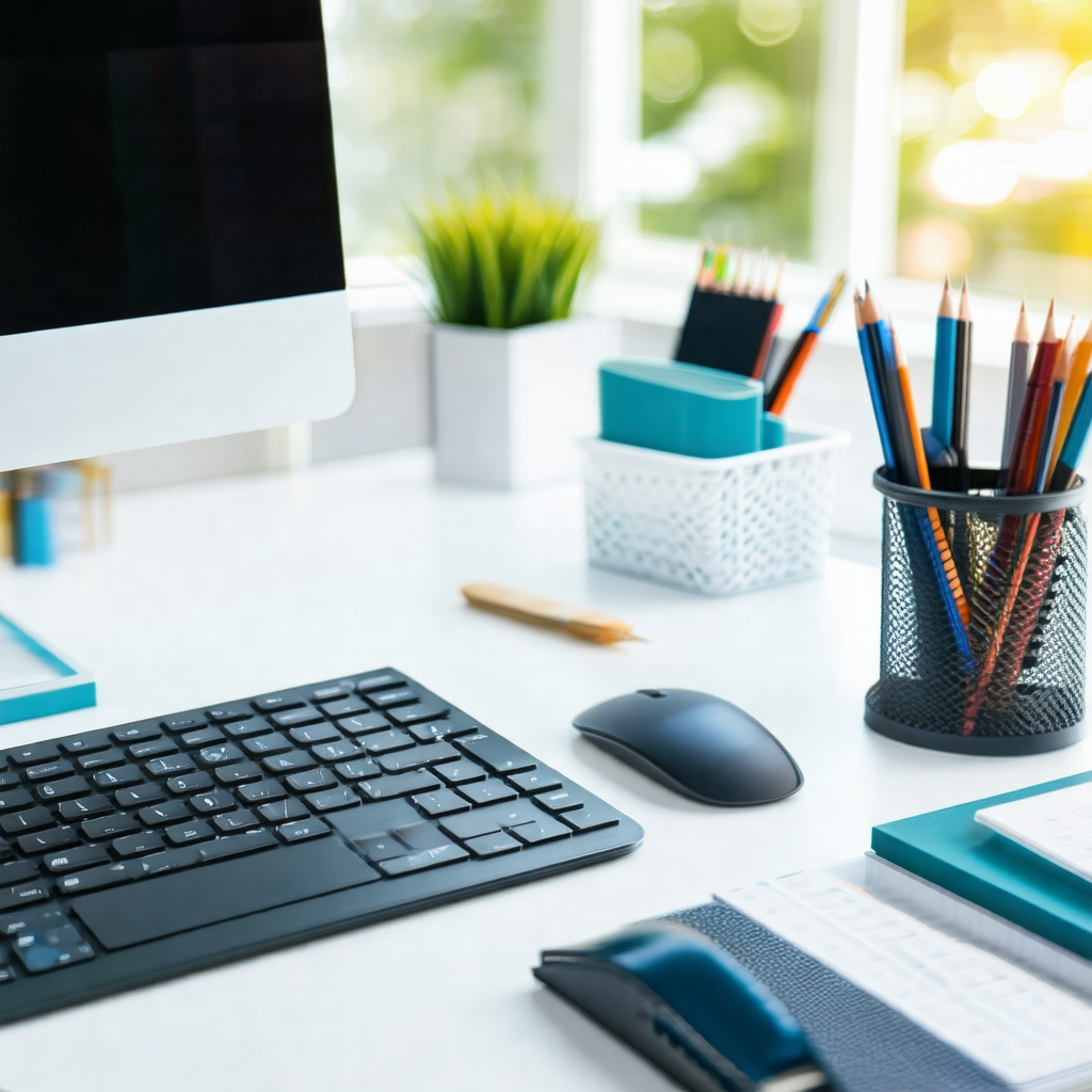 Desk with a computer keyboard and mouse placed on it