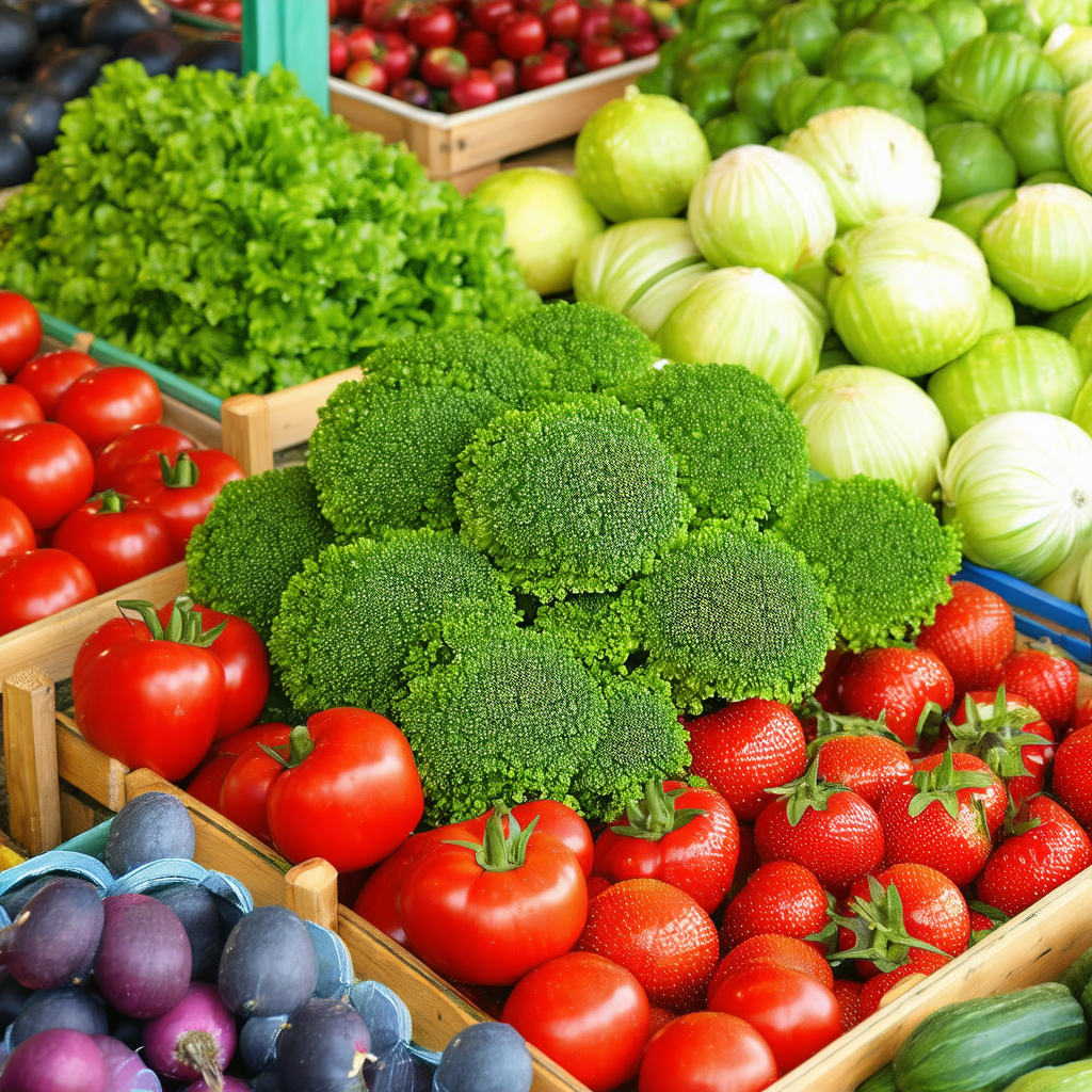 Showcases a large display of fresh vegetables, including ...