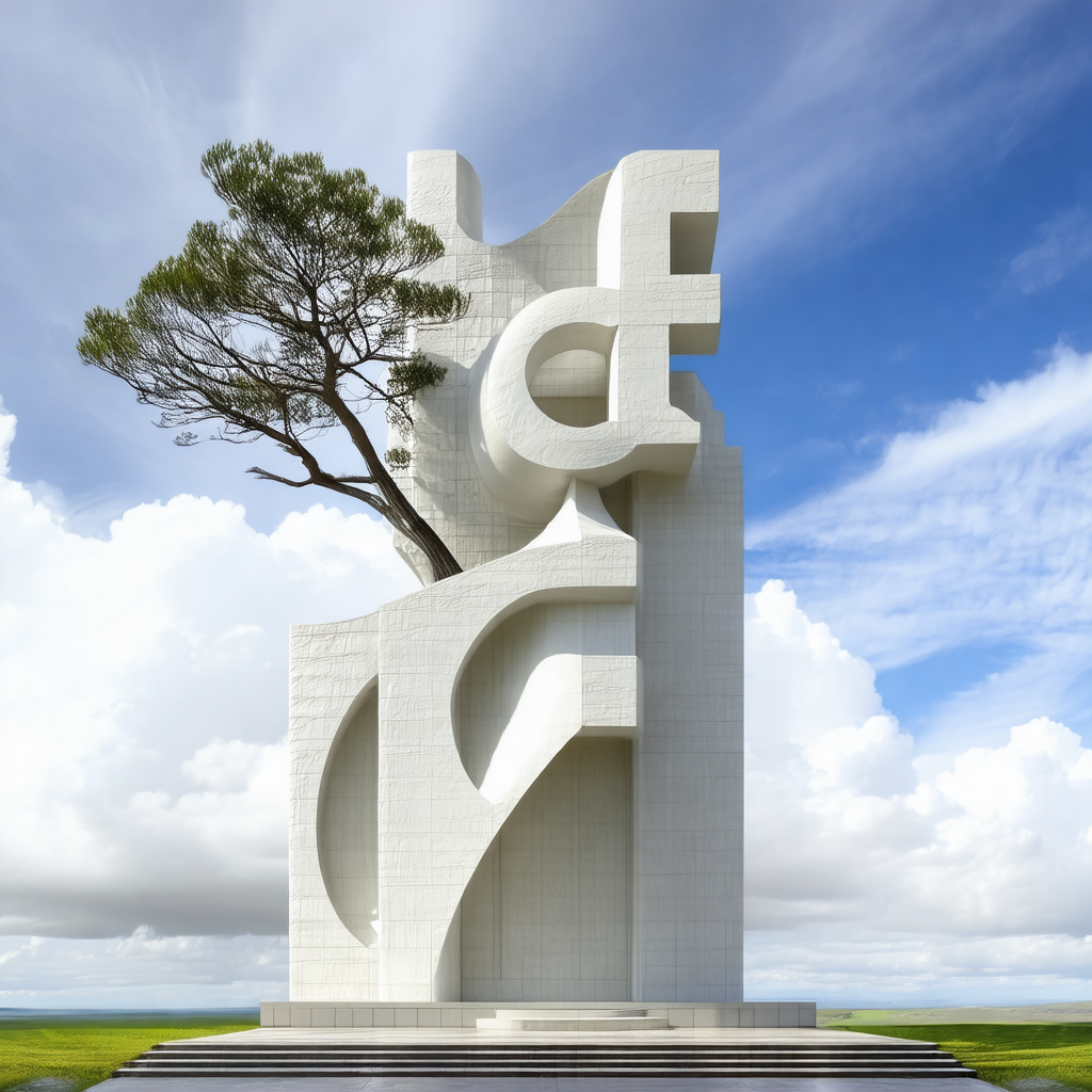 Large white sculpture of a tree, with a single letter "f"...