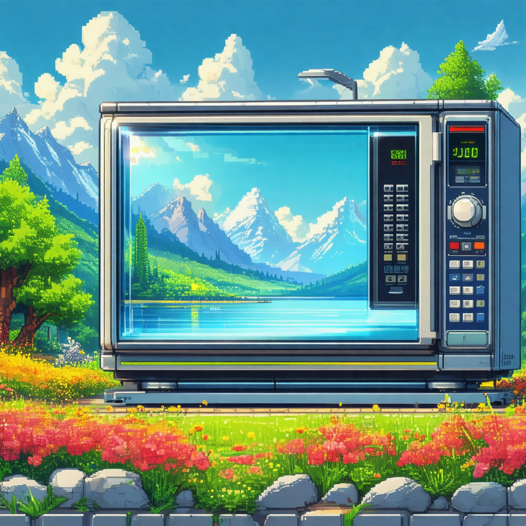 Television set placed in a lush, green field