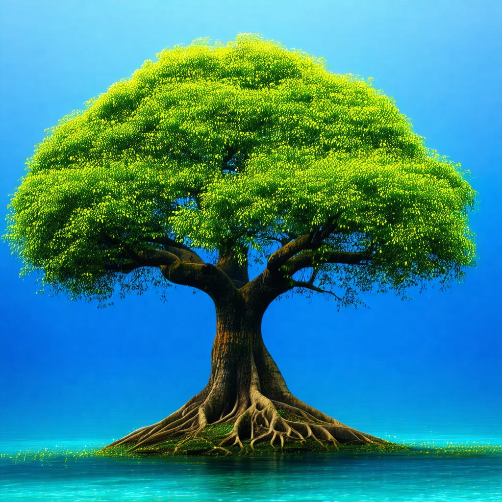 Large tree with a massive trunk, situated in the middle o...